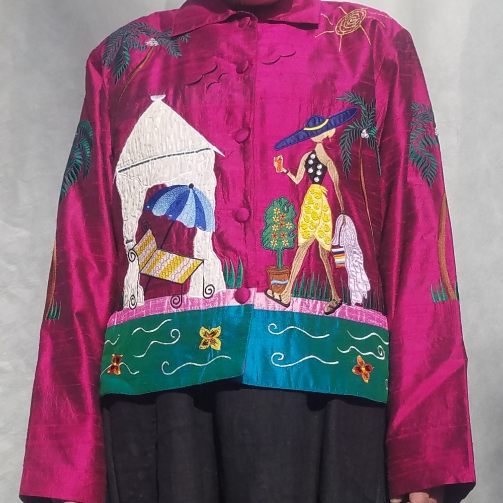 Bleu Bayou silk beach scene jacket